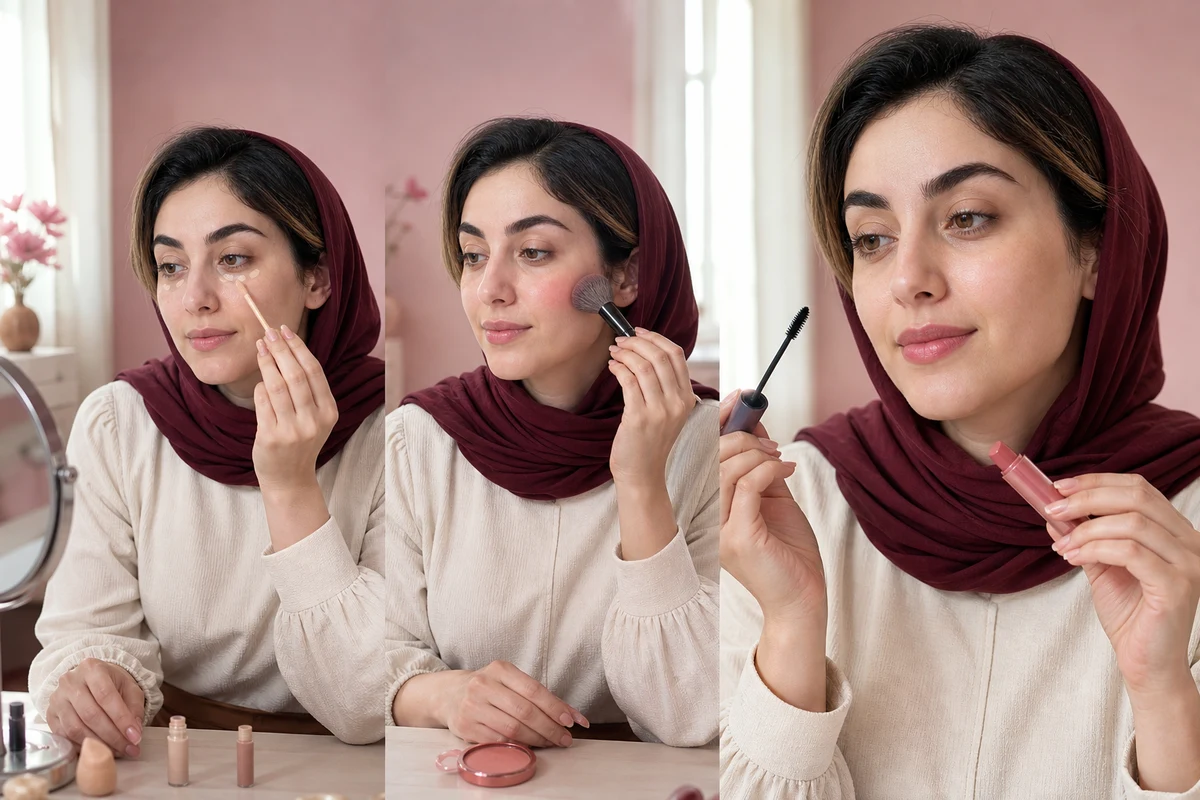 مراحل آرایش طبیعی سریع با پوشش نقطه‌ای، رژگونه، ریمل و بالم رنگی